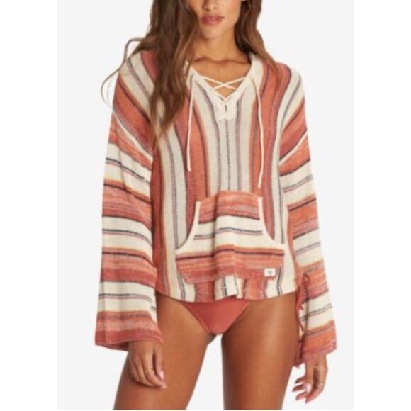 Billabong Baja Hoodie Flared Sleeve Knit Sweater Medium Hippie Stripe Pullover - Picture 1 of 6